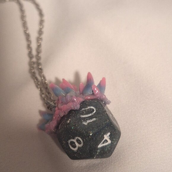 Artisan Handmade DnD D12 Dice Resin Necklace with Polymer Clay Crystals - Picture 3 of 6